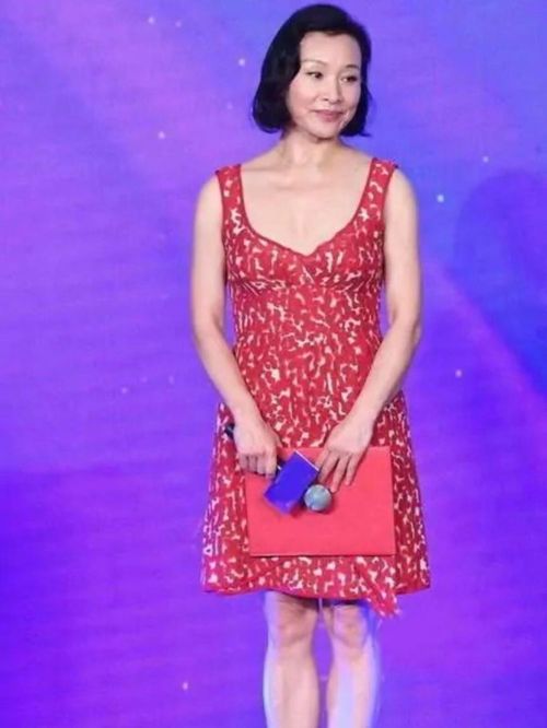 陈冲这回穿得像个小姑娘,红色背心裙配波波头,看不出是61年的