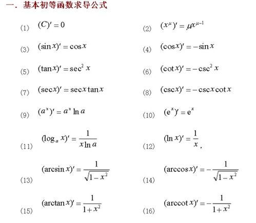 请列举出大学微积分需要用到的所有求导公式
