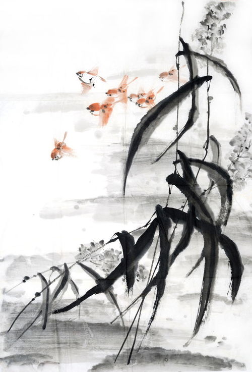 水墨池塘里的金鱼柳叶高清图片图片素材图片id37686书画文字文化艺术