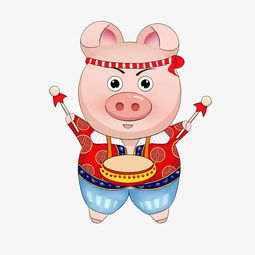 手绘卡通猪年2019年金猪敲锣打鼓过新年图片素材其他格式下载动漫人物大全